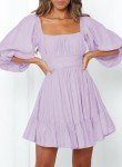 Dokotoo Women Square Neck Spring Dresses for Women 2025 Lantern Sleeve Ruffle A-Line Flowy Sundress Shirred Elastic Waist Tie Backless Light Purple Sexy Dress Plus Size Casual Dresses for Women Large
