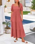 PRETTYGARDEN Women's Dresses 2025 Casual Puff Sleeve Square Neck Smocked Loose Fit A-Line Flowy Swing Long Beach Dress(Bean Paste Pink,Small)