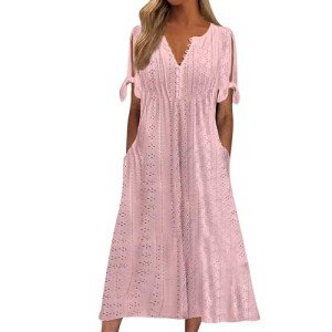 Womens Boho Eyelet Pastel Dress Button V Neck Tie Knot Short Sleeve Vacation Beach Midi Dresses with Pockets Pink-a