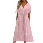 Womens Boho Eyelet Pastel Dress Button V Neck Tie Knot Short Sleeve Vacation Beach Midi Dresses with Pockets Pink-a