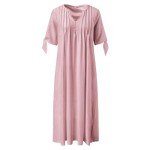 Womens Boho Eyelet Pastel Dress Button V Neck Tie Knot Short Sleeve Vacation Beach Midi Dresses with Pockets Pink-a