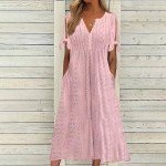 Womens Boho Eyelet Pastel Dress Button V Neck Tie Knot Short Sleeve Vacation Beach Midi Dresses with Pockets Pink-a