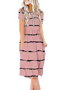 DB MOON Women Summer Casual Short Sleeve Dresses Empire Waist Dress with Pockets(Stripes Red Bean Paste, 3XL)