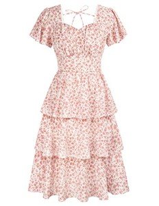 Belle Poque Women's Floral Midi Boho Dress 2024 Summer Casual Square Neck Short Sleeve Tiered Ruffle Party Dresses L