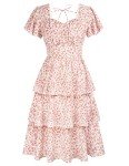 Belle Poque Women's Floral Midi Boho Dress 2024 Summer Casual Square Neck Short Sleeve Tiered Ruffle Party Dresses L