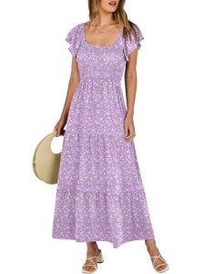 ANRABESS Women’s Casual Summer Floral Maxi Dress Flutter Short Sleeve Scoop Neck Smocked A Line Flowy Beach Vacation Long Dresses Purple Floral Medium