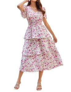 GRACE KARIN Womens Floral Midi Dress Casual Short Sleeve V Neck Ruffle Layered Tiered Beach Flowy Dresses Pink Floral L