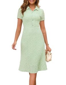 Annebouti 2025 Spring Summer Dresses for Women Petite Short Sleeve Lace Floral Button Up Graduation Dinner Work Teacher Business Casual Outfits Midi Dress Light Green S