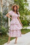 GRACE KARIN Womens Floral Midi Dress Casual Short Sleeve V Neck Ruffle Layered Tiered Beach Flowy Dresses Pink Floral L
