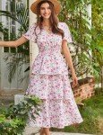 GRACE KARIN Womens Floral Midi Dress Casual Short Sleeve V Neck Ruffle Layered Tiered Beach Flowy Dresses Pink Floral L