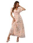 Simplee Women Boho Floral Maxi Dress Flowy Casual V Neck Short Sleeve Wedding Guest Holiday Beach Long Dress (S Pink)