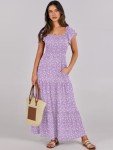 ANRABESS Women’s Casual Summer Floral Maxi Dress Flutter Short Sleeve Scoop Neck Smocked A Line Flowy Beach Vacation Long Dresses Purple Floral Medium