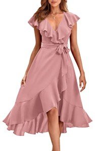PRETTYGARDEN Women's Summer V Neck Ruffle Wrap Tie Maxi Dress Solid Color Flutter Sleeve Holiday Dresses for Women 2025 (Pink,Medium)