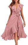 PRETTYGARDEN Women's Summer V Neck Ruffle Wrap Tie Maxi Dress Solid Color Flutter Sleeve Holiday Dresses for Women 2025 (Pink,Medium)