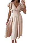 Dokotoo Womens Midi Formal Wedding Guest Dresses V Neck Elegant Party Skater Dress Valentines Dress for Women Summer Dress Apricot 2XL