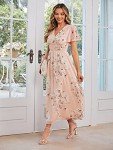 Simplee Women Boho Floral Maxi Dress Flowy Casual V Neck Short Sleeve Wedding Guest Holiday Beach Long Dress (S Pink)