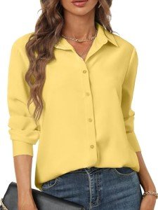 Yellow Button Down Shirt Women Long Sleeve Chiffon Dress Shirts Ladies Collared Fashion Blouses Tops Work Office Dressy Casual Going Out Blouse Top Light Pastel Yellow Size M