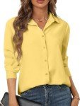 Yellow Button Down Shirt Women Long Sleeve Chiffon Dress Shirts Ladies Collared Fashion Blouses Tops Work Office Dressy Casual Going Out Blouse Top Light Pastel Yellow Size M