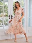 Simplee Women Boho Floral Maxi Dress Flowy Casual V Neck Short Sleeve Wedding Guest Holiday Beach Long Dress (S Pink)