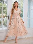 Simplee Women Boho Floral Maxi Dress Flowy Casual V Neck Short Sleeve Wedding Guest Holiday Beach Long Dress (S Pink)
