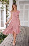 PRETTYGARDEN Women's Summer V Neck Ruffle Wrap Tie Maxi Dress Solid Color Flutter Sleeve Holiday Dresses for Women 2025 (Pink,Medium)