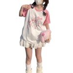 Women Kawaii Japanese Oversized Shirt Bow Graphic Tees Cartoon Baggy Tops Y2K Teen Girl Plus Size Shirts Pink