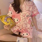 Ocroyea Kawaii Pajamas For Women Two-Piece Set Cute Cartoon Girls Pajamas Casual Short Sleeve Sleepwear Home Clothes for Summer