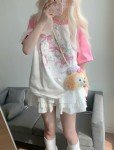 Women Kawaii Japanese Oversized Shirt Bow Graphic Tees Cartoon Baggy Tops Y2K Teen Girl Plus Size Shirts Pink