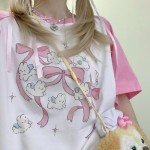 Women Kawaii Japanese Oversized Shirt Bow Graphic Tees Cartoon Baggy Tops Y2K Teen Girl Plus Size Shirts Pink