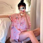 Oxsioeih Kawaii Pajamas For Women Two-Piece Set Cute Cartoon Girls Pajamas Casual Short Sleeve Sleepwear Home Clothes for Summer