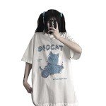 Women's Goth T-Shirt Summer Graphic Harajuku Gothic Creepy Cat Print Novelty Short Sleeve Top Black