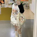 OATSBAS Y2K Cute Sweatshirts for Women Teen Girls Animal Print Long Sleeve Preppy Sweatshirt Kawaii Clothes (Small,Black)