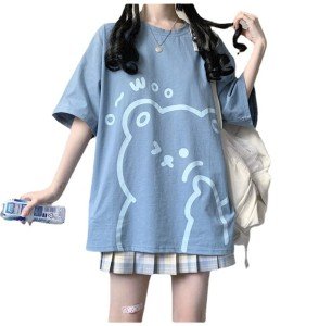 Tyadorw Womens Kawaii Shirt Aesthetic Shirts Harajuku Japanese Streetwear Kawaii Bear Graphic Tees Kawaii Oversized T Shirts (Blue,XL)
