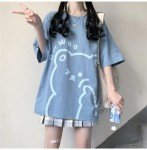 Tyadorw Womens Kawaii Shirt Aesthetic Shirts Harajuku Japanese Streetwear Kawaii Bear Graphic Tees Kawaii Oversized T Shirts (Blue,XL)