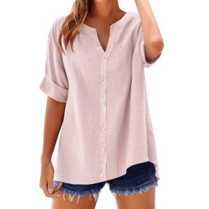 Influencers Picks Womens Clothes Button-Down Hide Belly Kawaii Party Teacher Tops Vneck Trendy Daisy Peasant Shirts Soft Comfy Pub Blouses Bohemian Formal Boutique Country Tunics,Pink,Large