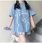 Tyadorw Womens Kawaii Shirt Aesthetic Shirts Harajuku Japanese Streetwear Kawaii Bear Graphic Tees Kawaii Oversized T Shirts (Blue,XL)