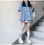 Tyadorw Womens Kawaii Shirt Aesthetic Shirts Harajuku Japanese Streetwear Kawaii Bear Graphic Tees Kawaii Oversized T Shirts (Blue,XL)
