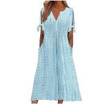 Maxi Long Dresses for Women 2025 Trendy Short Sleeve Eyelet Tshirt Dress Casual Summer Beach Vacation Sundress Blue Summer Dresses S