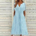Maxi Long Dresses for Women 2025 Trendy Short Sleeve Eyelet Tshirt Dress Casual Summer Beach Vacation Sundress Blue Summer Dresses S