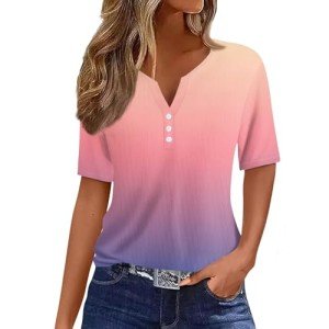 Summer Tops for Women 2025 Vacation Women’s Button V Neck T Shirts Color Block Short Sleeve Tops Casual Spring Plus Size Tees Pullover A Pink