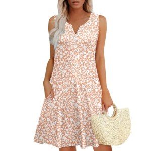 DNKZWUPUP Dresses for Women Casual Summer Boho Floral Beach Tank Dress Plus Size Loose V Neck Sleeveless Sundresses Swimsuit Coverup with Pockets Beach Vacation Outfits Clothes for Women 27A-Pink L