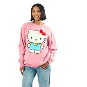 Hello Kitty Big Face Plush Character Women's Pink Crew Neck Long Sleeve Oversized Fleece Sweatshirt-Medium