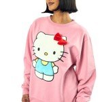 Hello Kitty Big Face Plush Character Women's Pink Crew Neck Long Sleeve Oversized Fleece Sweatshirt-Medium