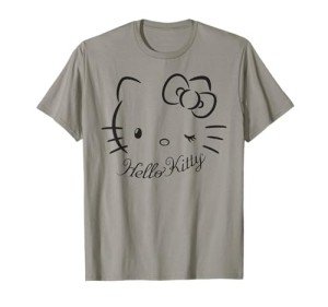 SANRIO Hello Kitty Winking Tee T-Shirt, Women's Casual Classic Cartoon Letter Print T-Shirt, Grey, Small