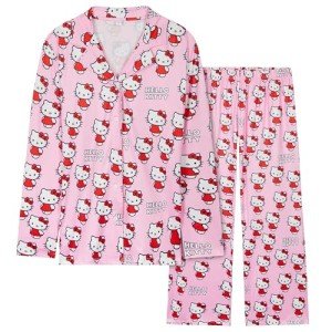 Hello Kitty Pajamas for Women Teens Long PJs Comfy Kawaii Button Down Lounge Set (Pink, M)
