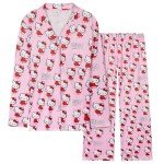 Hello Kitty Pajamas for Women Teens Long PJs Comfy Kawaii Button Down Lounge Set (Pink, M)