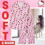 Hello Kitty Pajamas for Women Teens Long PJs Comfy Kawaii Button Down Lounge Set (Pink, M)