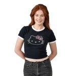 Hello Kitty Character Face Outline Crew Neck Short Sleeve Women's Black Crop Top Baby Tee Medium