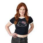 Hello Kitty Character Face Outline Crew Neck Short Sleeve Women's Black Crop Top Baby Tee Medium