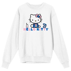 Hello Kitty Phone Graphic Crew Neck Long Sleeve White Fleece Women's Tee-Large